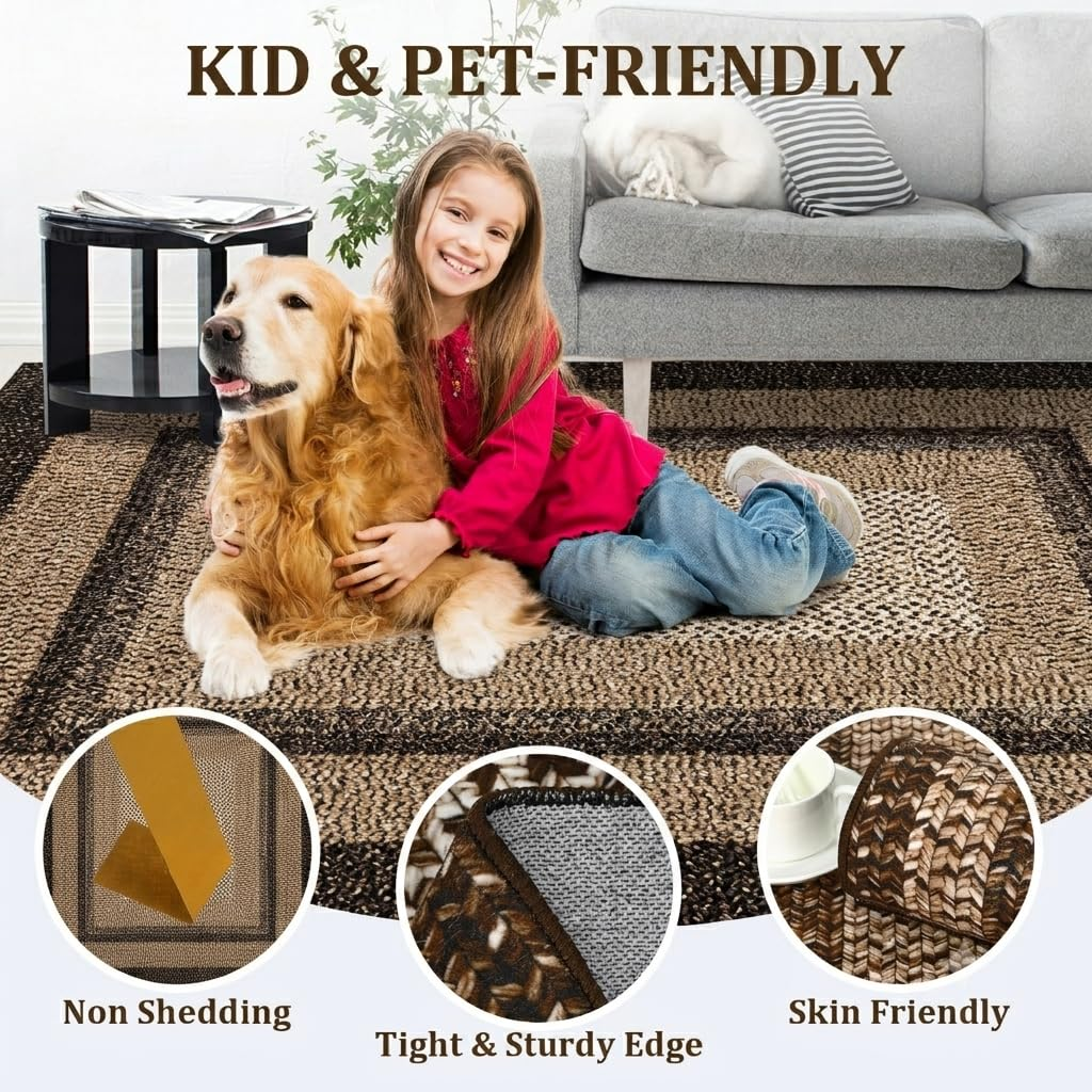 Garvee 2' × 10' Woven Border Runner Rug, Soft Washable Low-Pile Polyester Carpet with Non-Slip Backing for Hallway, Kitchen and Entryway, Black/Beige