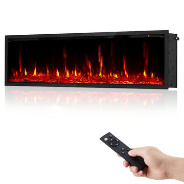 Garvee 60 Inch Wall Mounted & Recessed Electric Fireplace, Ultra-Thin 4.2", 750/1500W Heater, 12 Flame Colors, Log & Crystal Decor, Remote, Timer, Heats 400 sq ft, Living Room