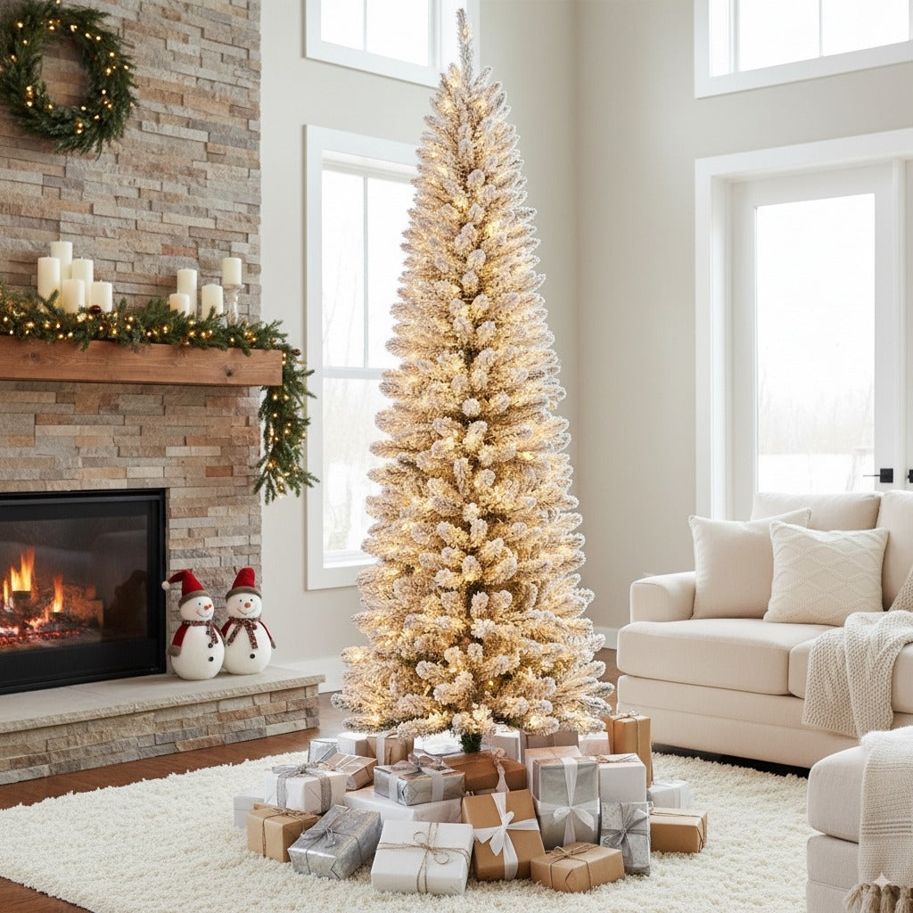 Garvee 6ft Flocked Pencil Christmas Tree with Lights, Slim Prelit Artificial Tree, Snowy PVC Branch Tips, Metal Stand, Easy Assembly, Ideal for Apartments & Entryways