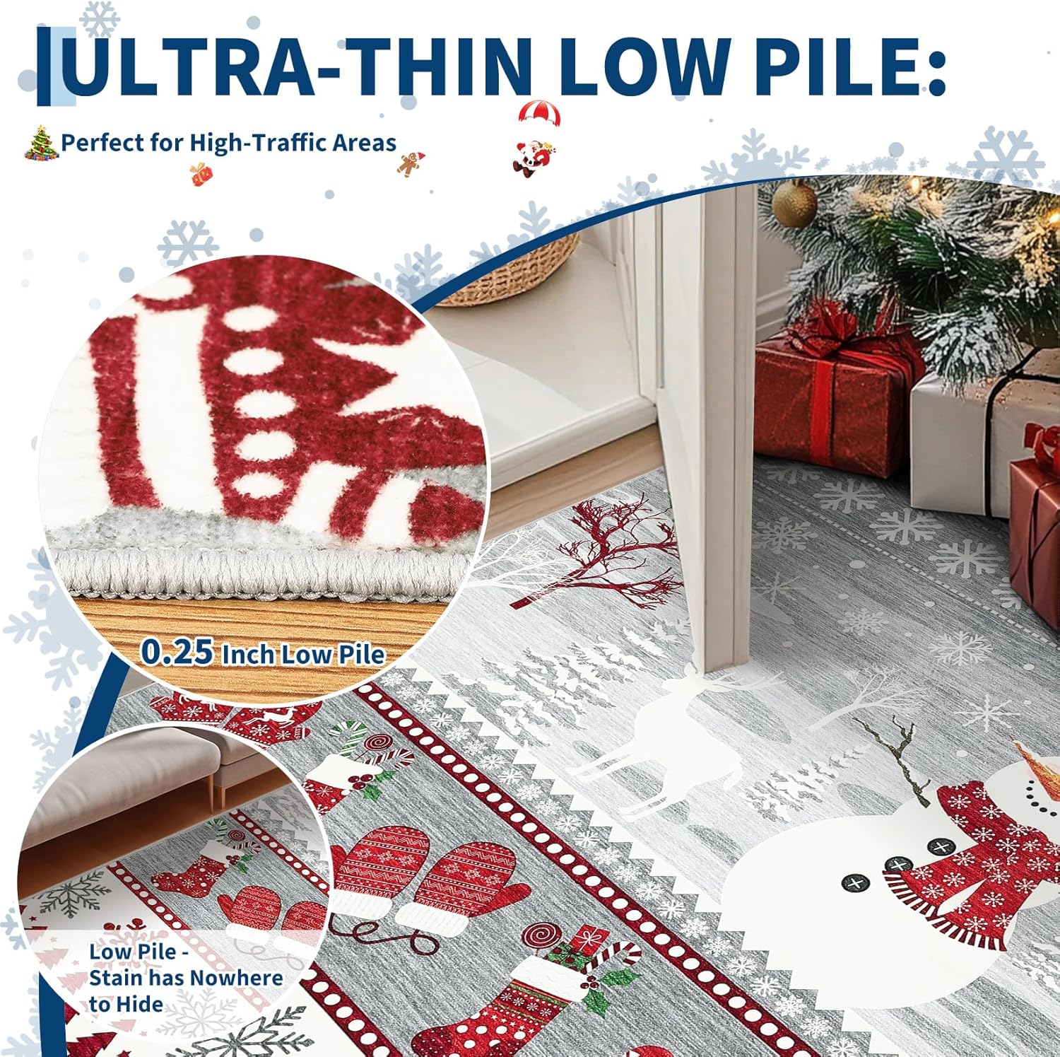 Garvee Washable Runner Rug 2x8 Christmas Runner for Hallway Non Slip Holiday Accent Rug, Xmas Santa Snowflake Printed Bedside Mat, Low Pile Non Shedding Kitchen Carpet for Laundry, Grey