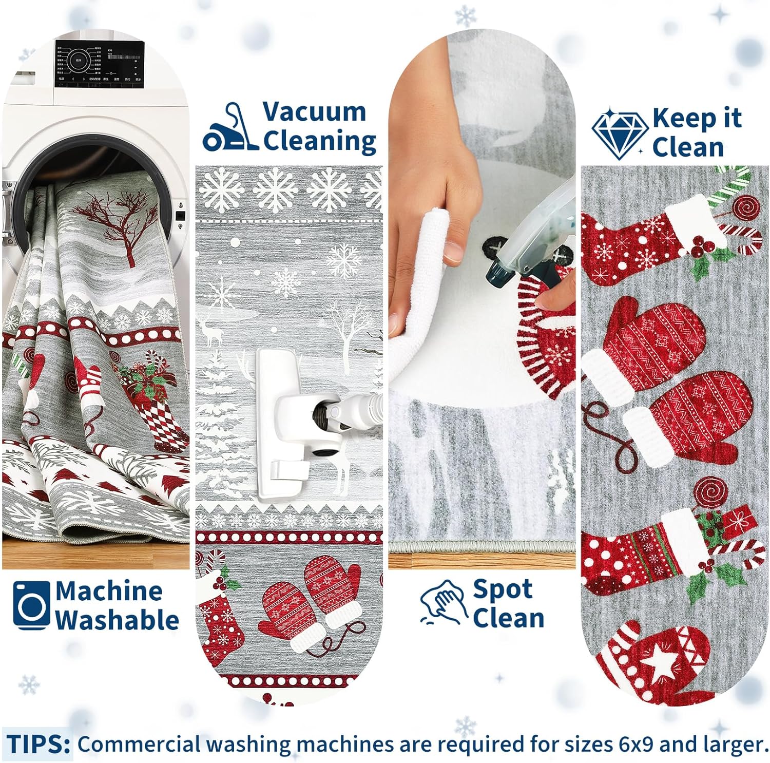 Garvee Washable Runner Rug 2x8 Christmas Runner for Hallway Non Slip Holiday Accent Rug, Xmas Santa Snowflake Printed Bedside Mat, Low Pile Non Shedding Kitchen Carpet for Laundry, Grey