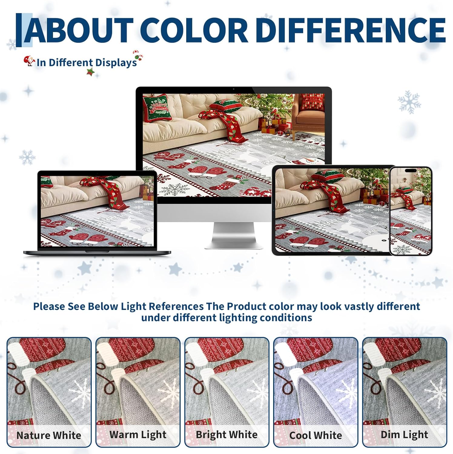 Garvee Washable Runner Rug 2x8 Christmas Runner for Hallway Non Slip Holiday Accent Rug, Xmas Santa Snowflake Printed Bedside Mat, Low Pile Non Shedding Kitchen Carpet for Laundry, Grey