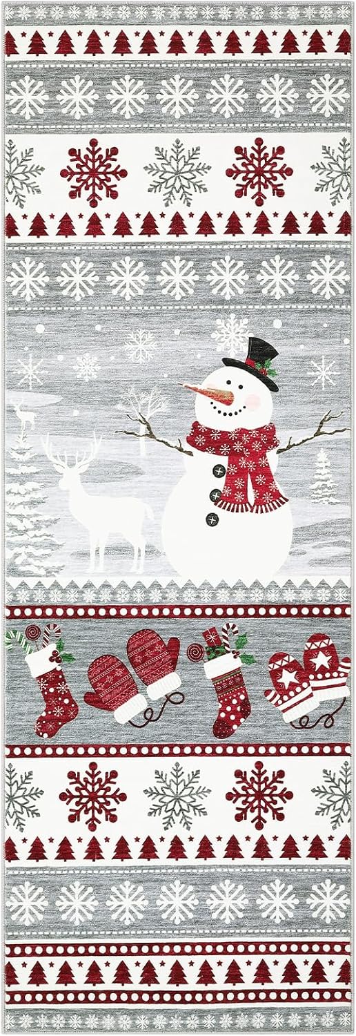 Garvee Washable Runner Rug 2x8 Christmas Runner for Hallway Non Slip Holiday Accent Rug, Xmas Santa Snowflake Printed Bedside Mat, Low Pile Non Shedding Kitchen Carpet for Laundry, Grey