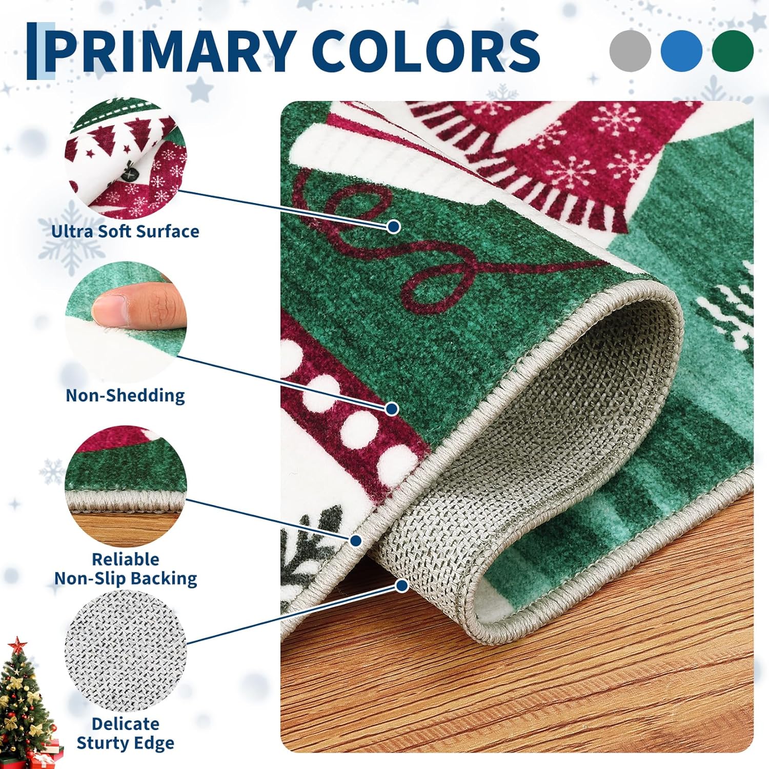 Garvee Extra Large Christmas Rug 9x12 Washable Rug Non Slip, Decorative Xmas Holiday Carpet, Low Pile Foldable Floor Covering, Soft Thin Non Shedding Printed Mat for Open Spaces Office, Green