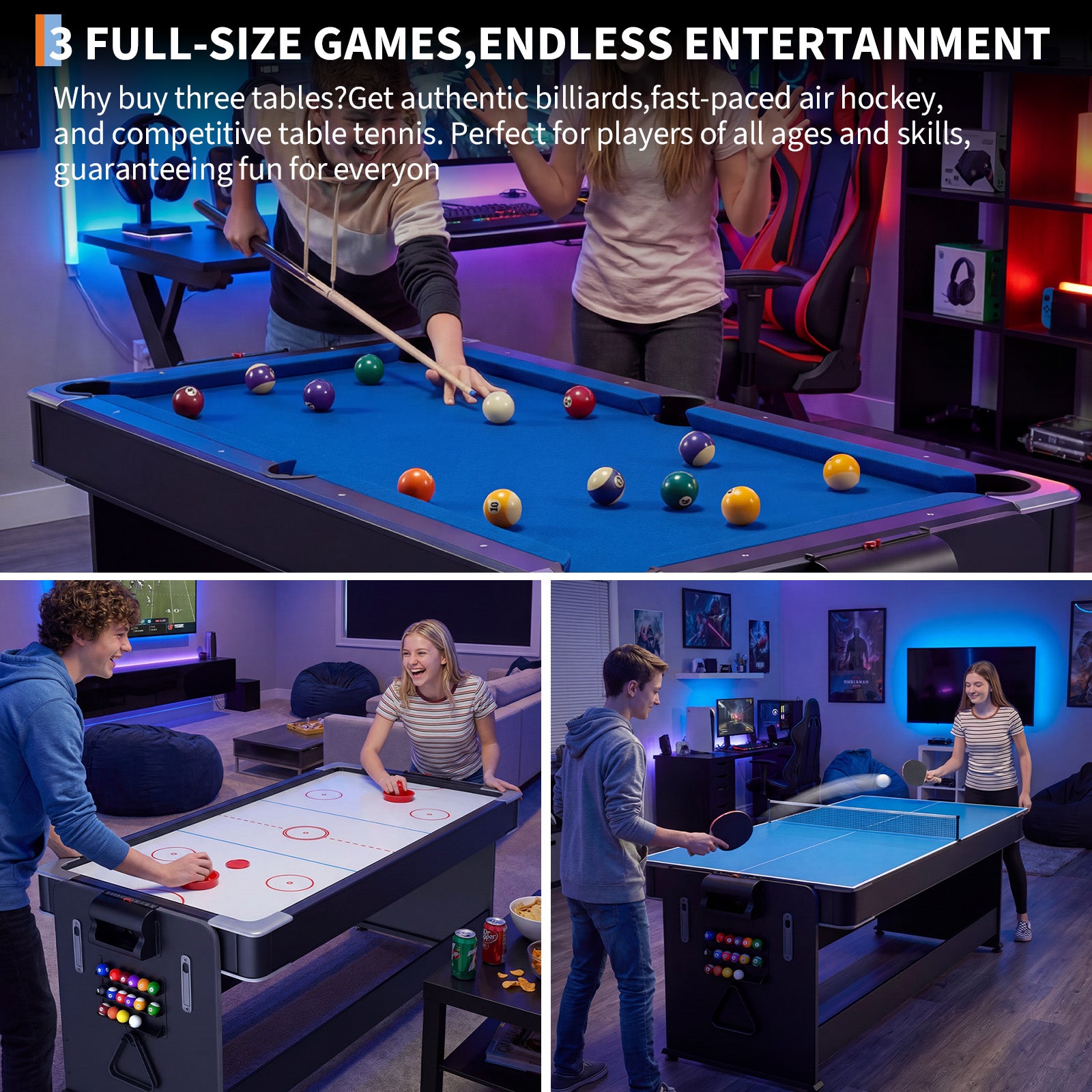 Garvee 7ft 3-in-1 Multi-Game Swivel Combination Table, Convertible Billiard Pool Table, Air Hockey & Table Tennis Multi Table with Patented Flip & Lock System for Family Game Room - Blue