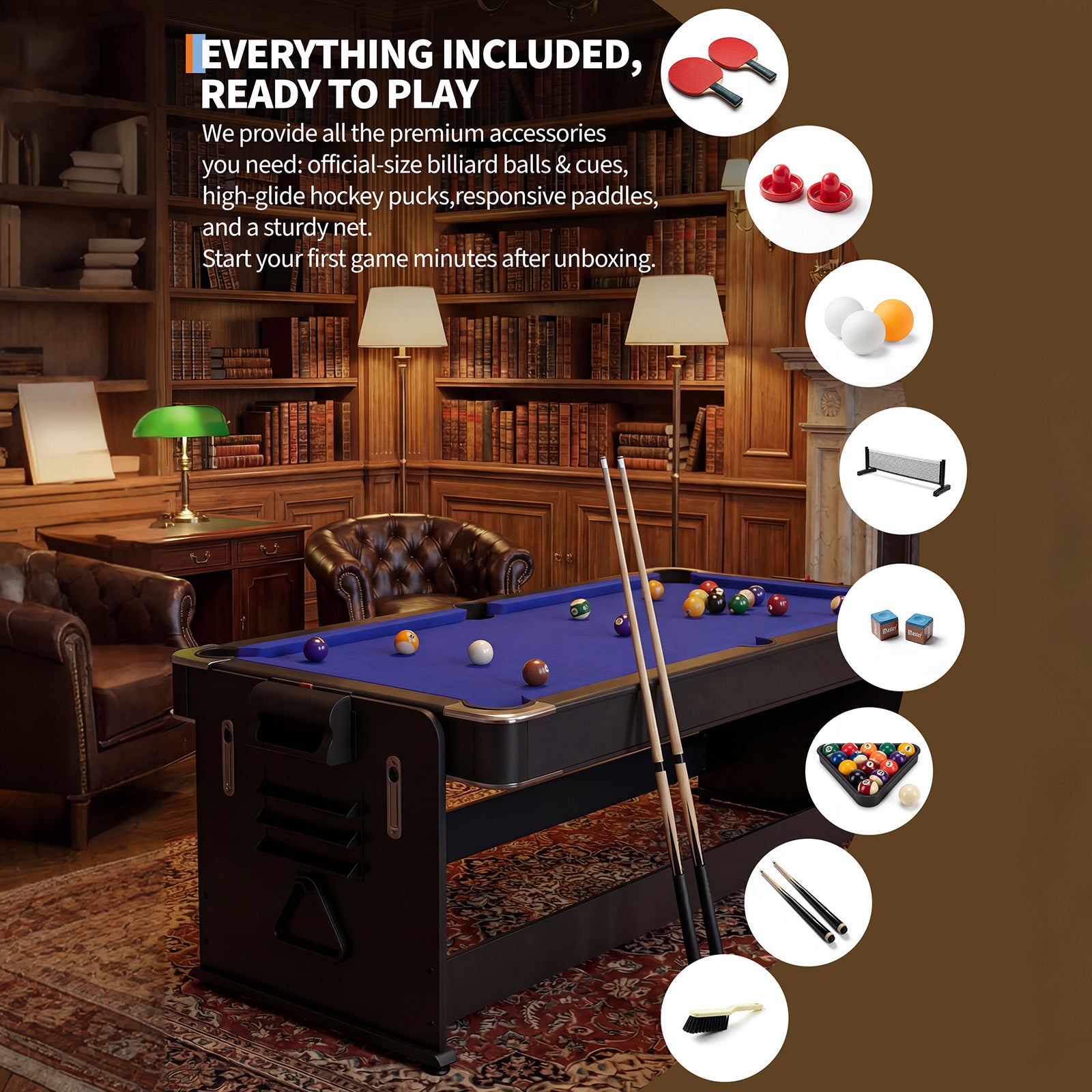 Garvee 7ft 3-in-1 Multi-Game Swivel Combination Table, Convertible Billiard Pool Table, Air Hockey & Table Tennis Multi Table with Patented Flip & Lock System for Family Game Room - Blue
