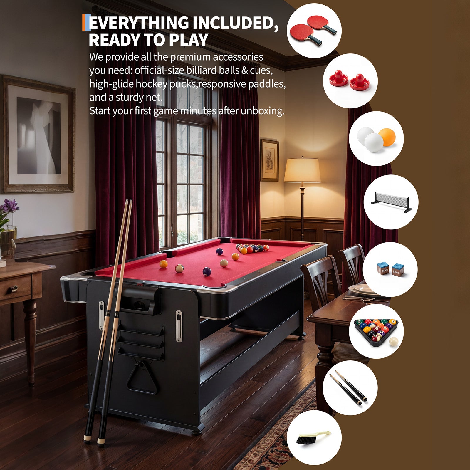 Garvee 7ft 3-in-1 Multi-Game Swivel Combination Table, Convertible Billiard Pool Table, Air Hockey & Table Tennis Multi Table with Patented Flip & Lock System for Family Game Room - Red