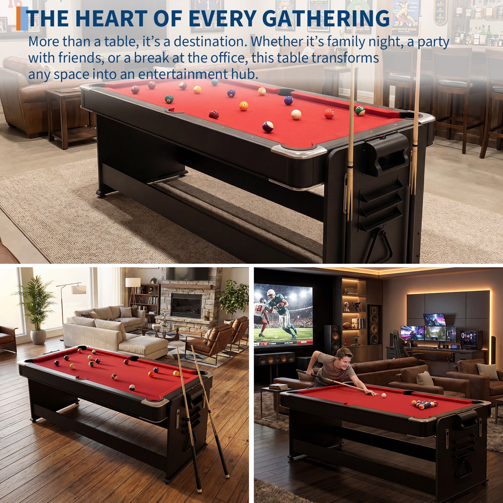 Garvee 7ft 3-in-1 Multi-Game Swivel Combination Table, Convertible Billiard Pool Table, Air Hockey & Table Tennis Multi Table with Patented Flip & Lock System for Family Game Room - Red