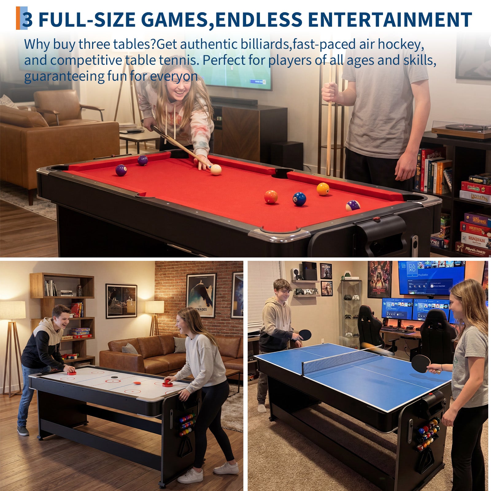 Garvee 7ft 3-in-1 Multi-Game Swivel Combination Table, Convertible Billiard Pool Table, Air Hockey & Table Tennis Multi Table with Patented Flip & Lock System for Family Game Room - Red