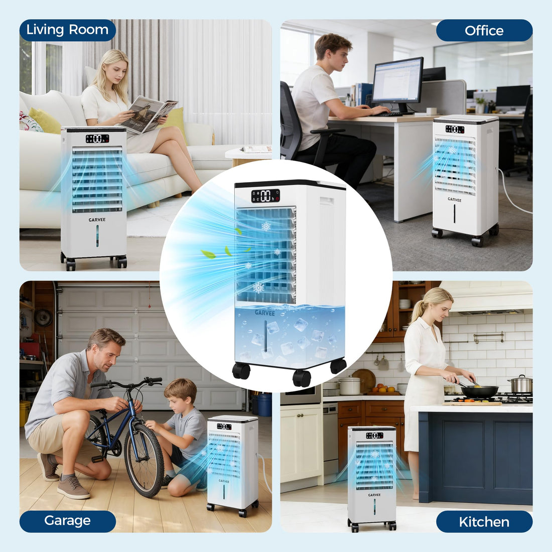 Garvee Evaporative Cooler, 7L (1.84Gal) Portable Air Conditioner Fan with TOUCH SCREEN & Remote Control, 3 Speeds & 3 Modes, LED Display, Ice Packs & Casters Included, for Bedroom, Office, Home