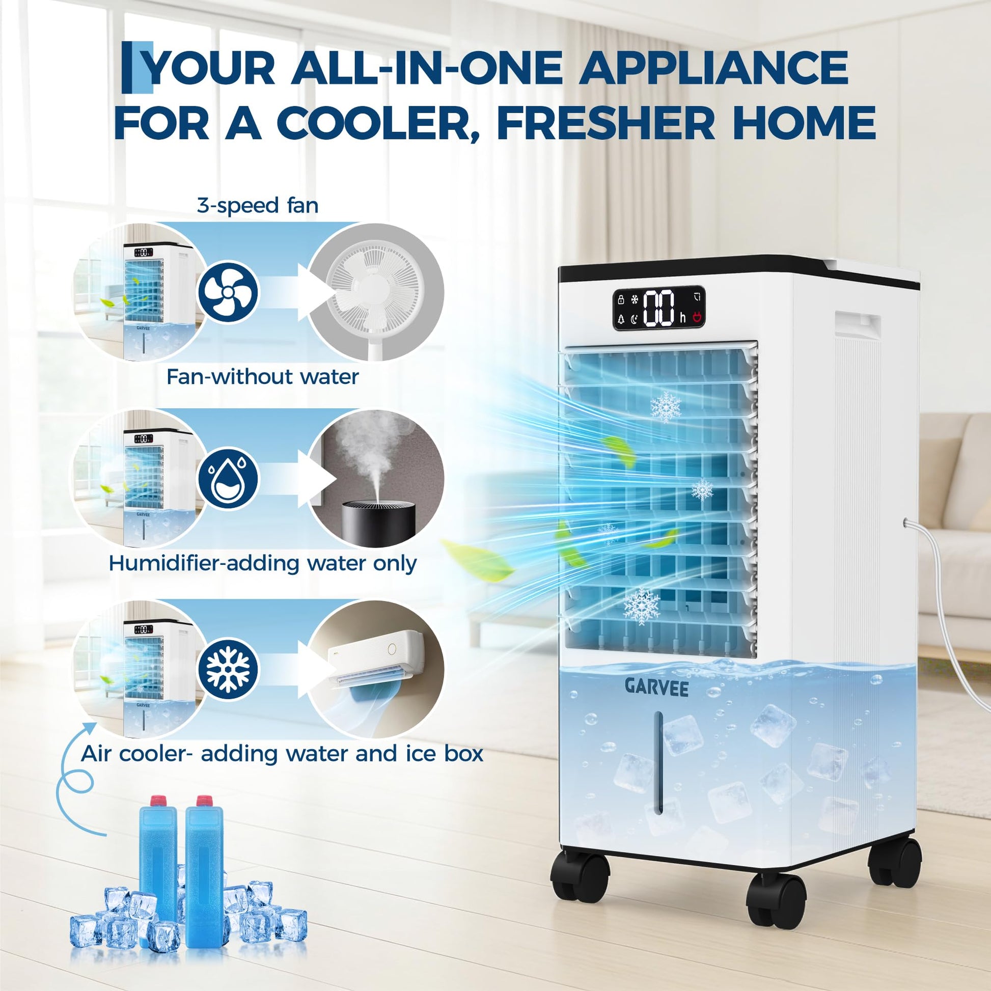 Garvee Evaporative Cooler, 7L (1.84Gal) Portable Air Conditioner Fan with TOUCH SCREEN & Remote Control, 3 Speeds & 3 Modes, LED Display, Ice Packs & Casters Included, for Bedroom, Office, Home