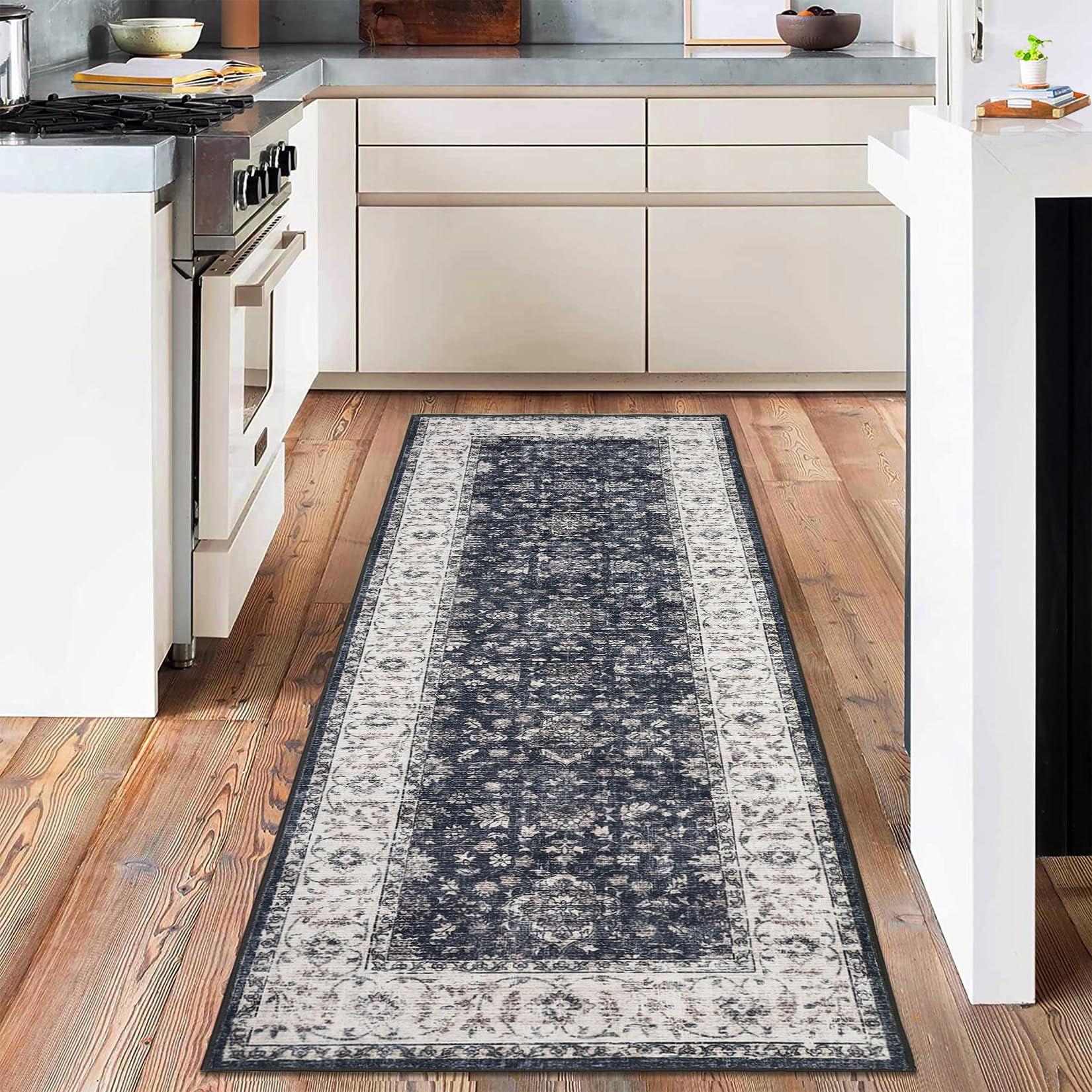 Garvee Vintage Boho Runner Rugs Black & Grey 2'x8' Washable Non-Slip Soft Pastel Carpet for Living Room Bedroom Dining Room Nursery Office Farmhouse Hallway Entryway Home Decor