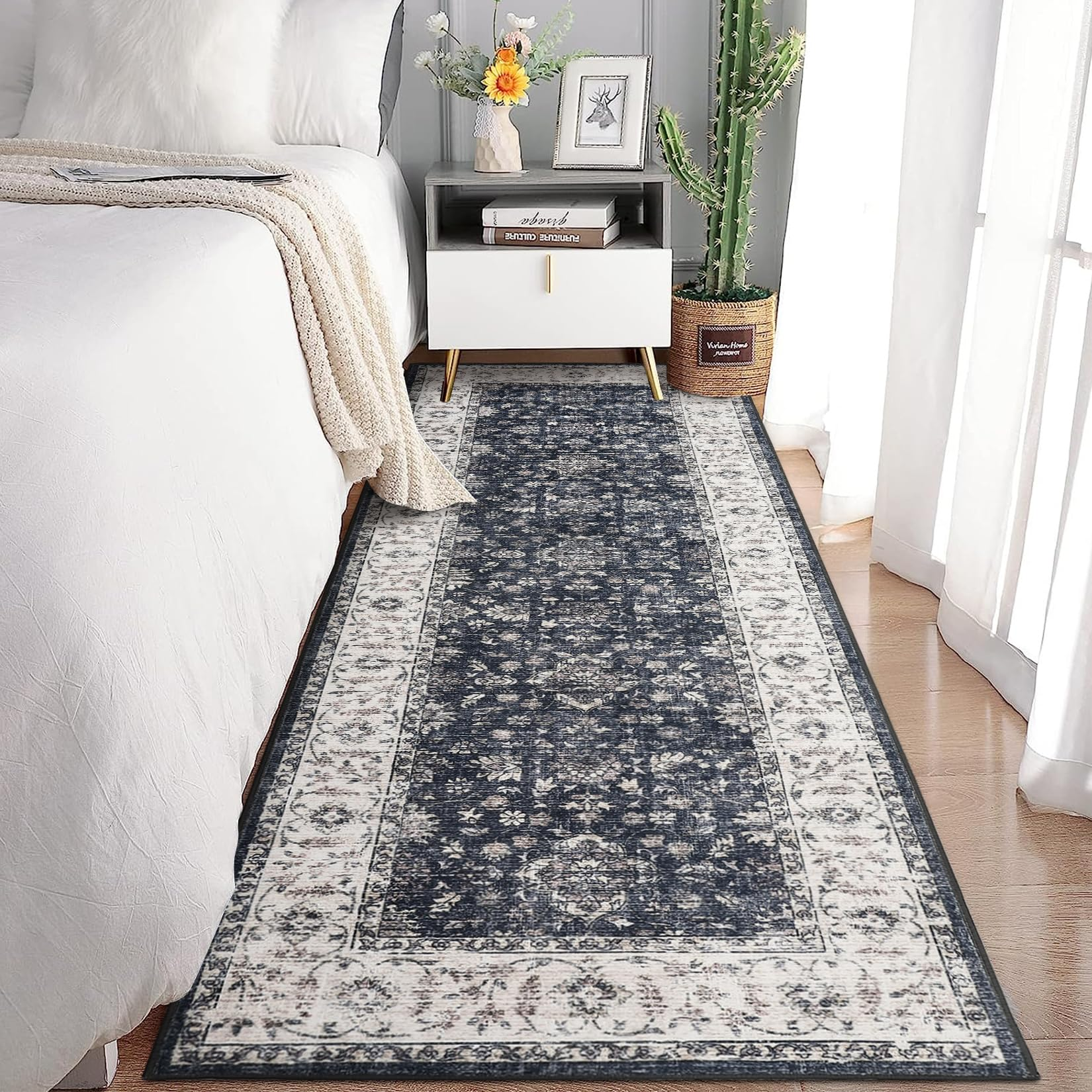 Garvee Vintage Boho Runner Rugs Black & Grey 2'x6' Washable Non-Slip Soft Pastel Carpet for Living Room Bedroom Dining Nursery Office