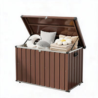 Garvee 160 Gallon Metal Deck Box, Waterproof Outdoor Storage Box with Soft-Close Lockable Lid, Wheels & Side Handles for Patio Cushions, Garden Tools & Pool Supplies, Brown