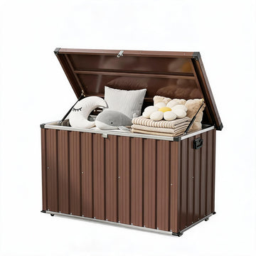 Garvee 200 Gallon Metal Deck Box, Waterproof Outdoor Storage Box with Soft-Close Lid, Wheels & Side Handles for Patio Cushions, Garden Tools & Pool Supplies, Brown