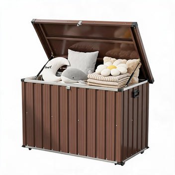 Garvee 120 Gallon Metal Deck Box, Waterproof Outdoor Storage Box with Soft-Close Lid, Wheels & Side Handles for Patio Cushions, Garden Tools & Pool Supplies, Brown