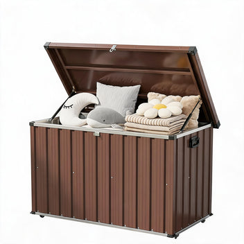 Garvee 150 Gallon Metal Deck Box, Waterproof Outdoor Storage Box with Soft-Close Lid, Wheels & Side Handles for Patio Cushions, Garden Tools & Pool Supplies, Brown