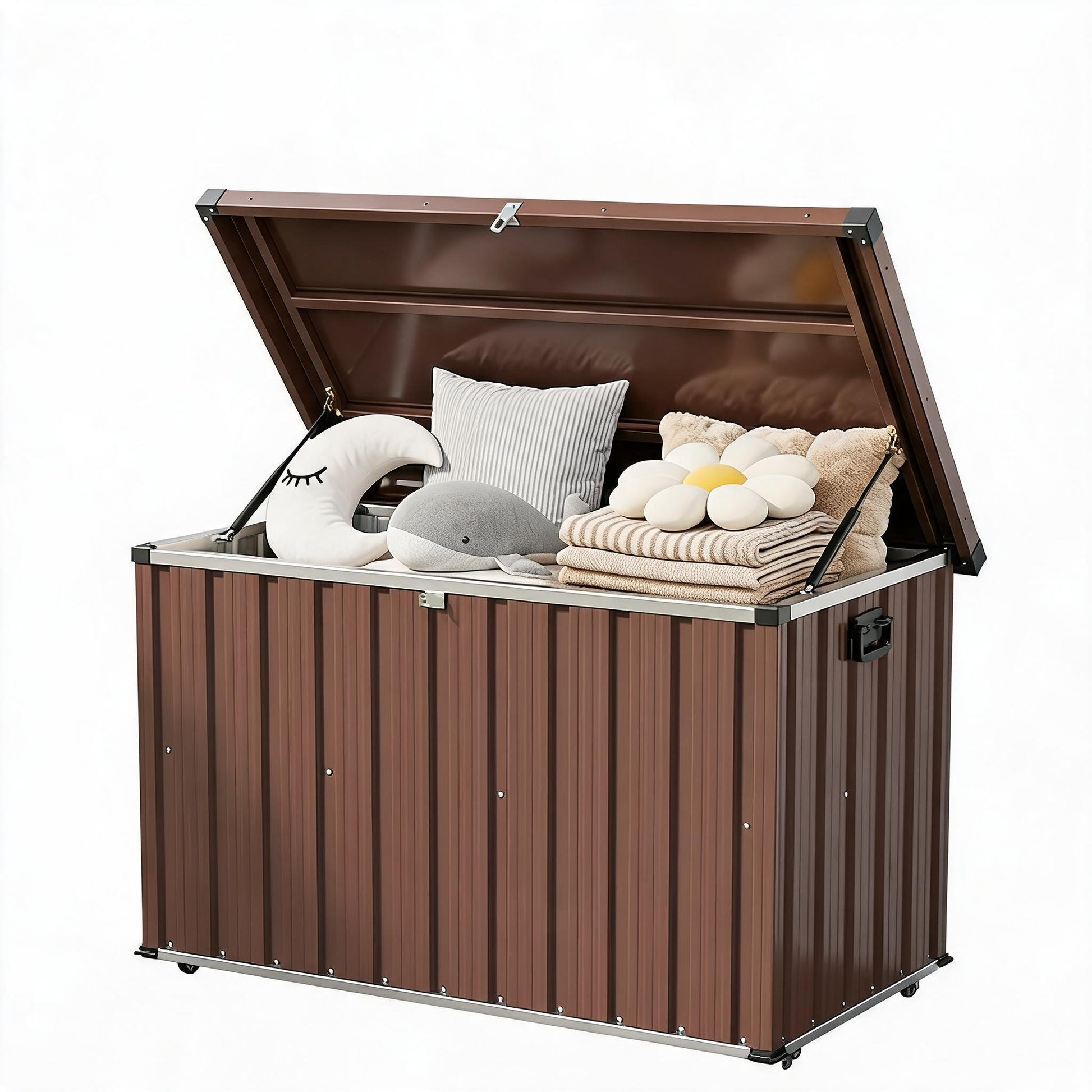 Garvee 150 Gallon Metal Deck Box, Waterproof Outdoor Storage Box with Soft-Close Lid, Wheels & Side Handles for Patio Cushions, Garden Tools & Pool Supplies, Brown