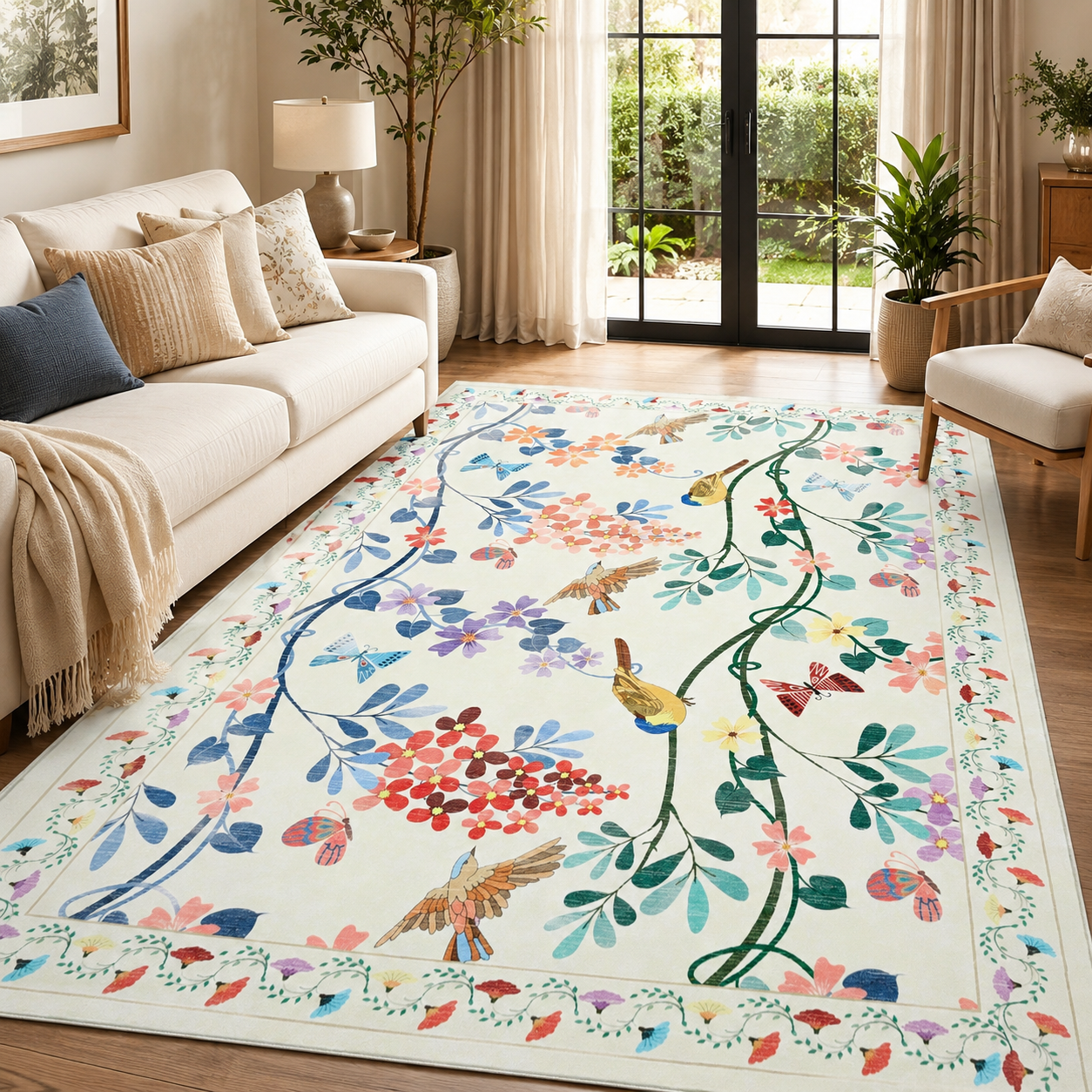 Garvee 5' x 7' Beige Floral Birds Area Rug, Washable Non-Slip Soft Low-Pile Rug for Living Room, Bedroom, Entryway & Playroom