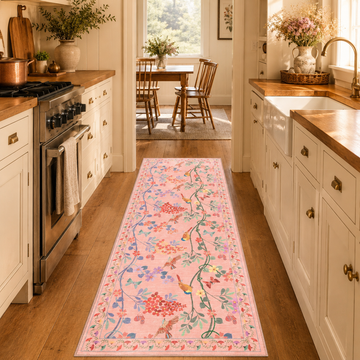 Garvee 2' × 6' Washable Runner Rug, Floral Birds Low-Pile Non-Slip Foldable Rug for Kitchen, Hallway, Entryway & Laundry Room, Pink