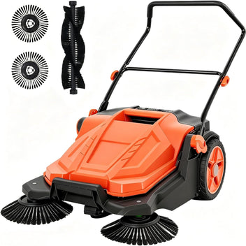 Garvee 25.6-Inch Manual Push Floor Sweeper with 5-Gallon Debris Bin, Dual Side Brushes & Adjustable Folding Handle for Garage, Driveway, Patio and Sidewalk, Orange