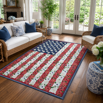 Garvee 5' × 7' 4th of July Patriotic Floral Rug, Navy/Red/White American Flag Washable Area Rug