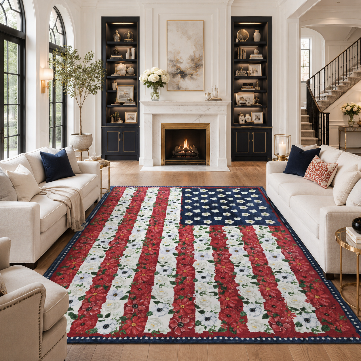 Garvee 8' × 10' 4th of July Patriotic Floral Rug, Navy/Red/White American Flag Washable Area Rug