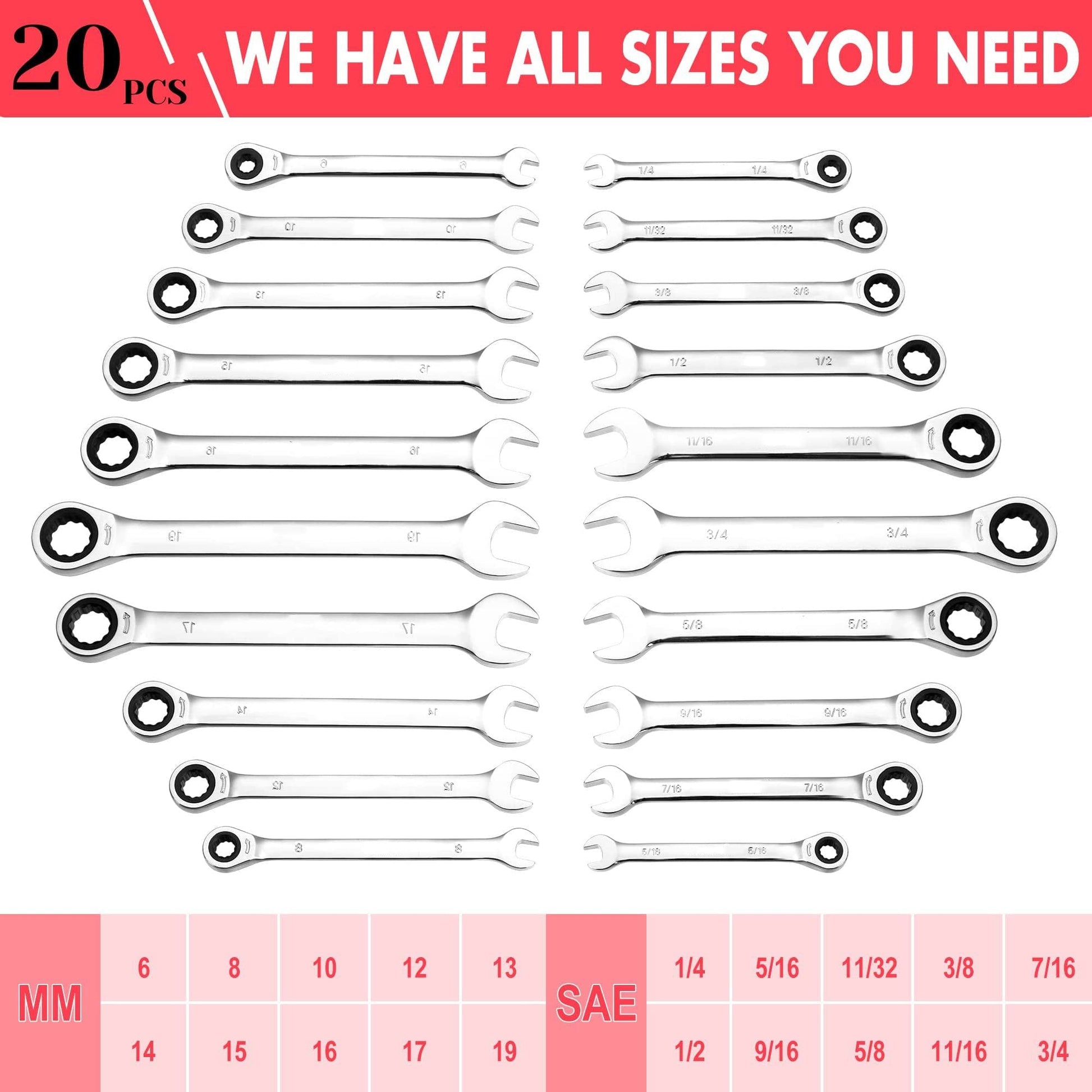 GARVEE 20-Piece SAE Metric Ratcheting Combination Wrench Set Ratchet Wrenches Set