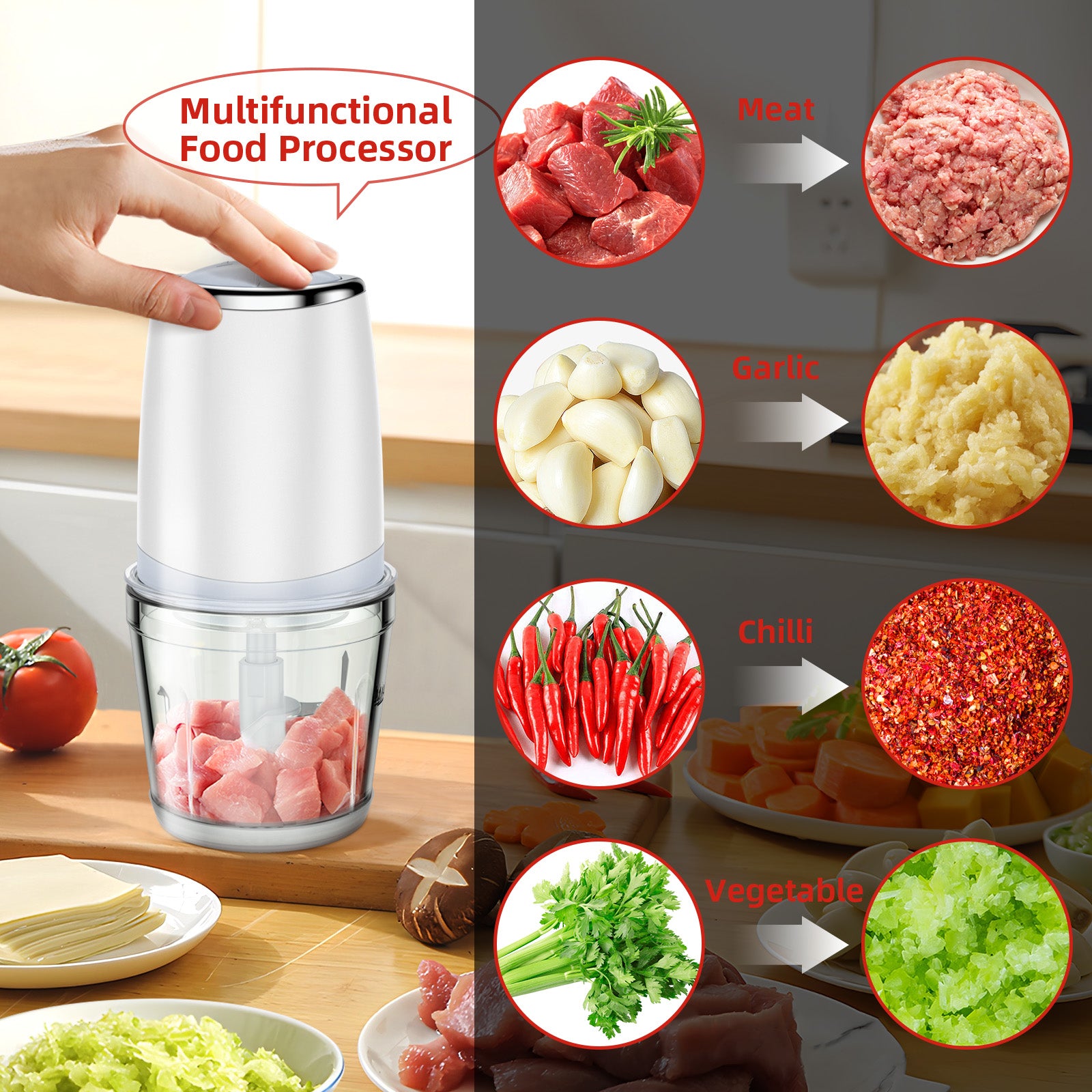 5000RPM Compact Food Processor, 300W, 2.5 Cup Glass Bowl, Electric Chopper, 4-Wing Stainless Steel Blades