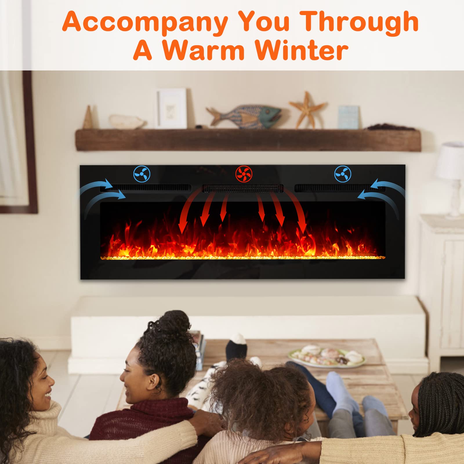 50" Recessed/Wall Mounted Electric Fireplace, Heater, RC