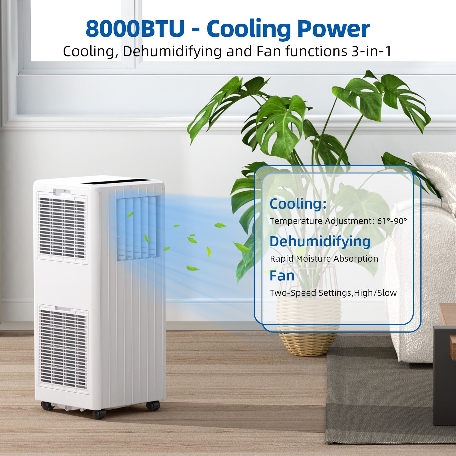 8000 BTU 3-in-1 Air Conditioner, Fan, Dehumidifier for 350 Sq.Ft