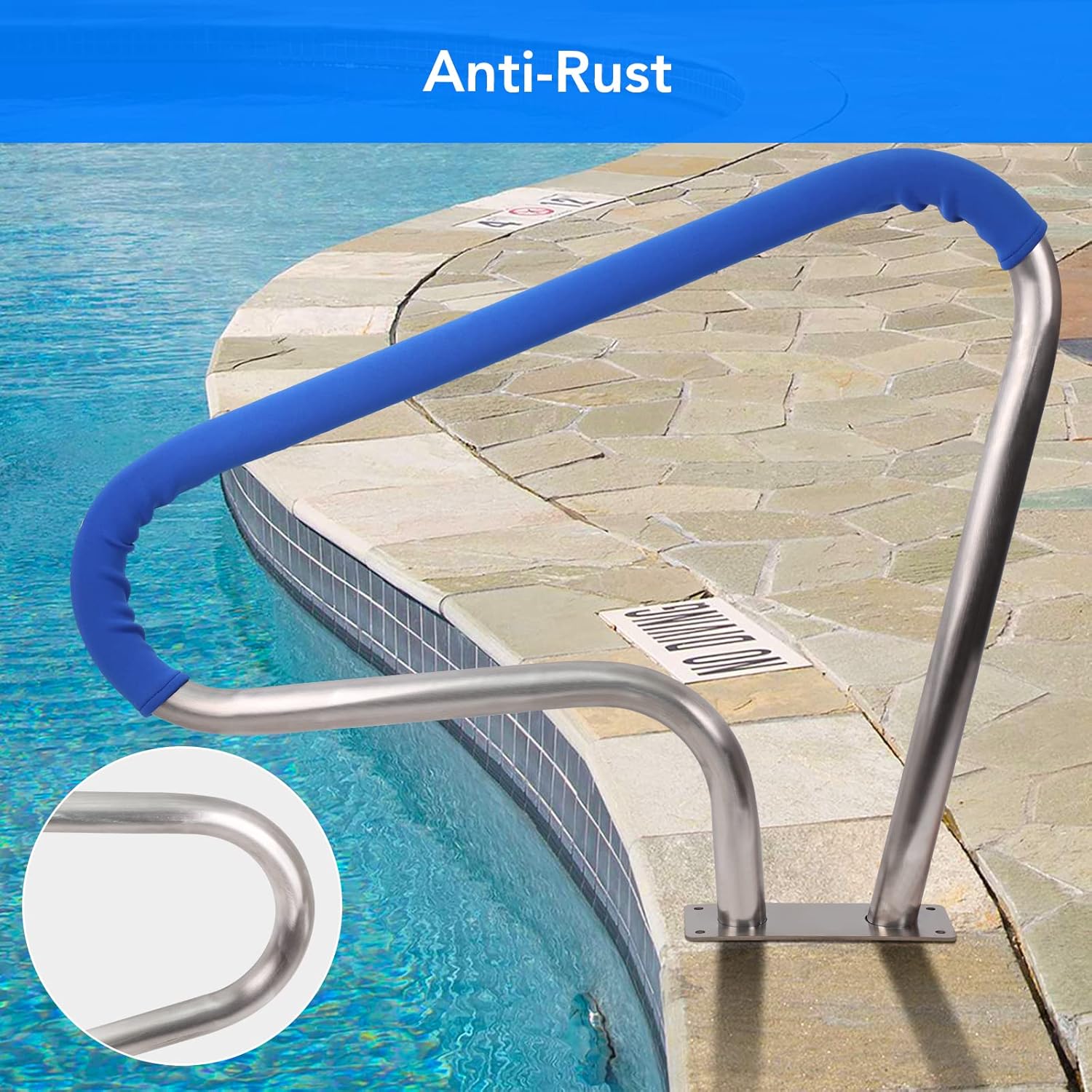 Garvee 39"x32" Stainless Steel Pool Handrail with Blue Grip Cover Rustproof Stair Rail, 250 lbs Load Capacity for Inground Pools
