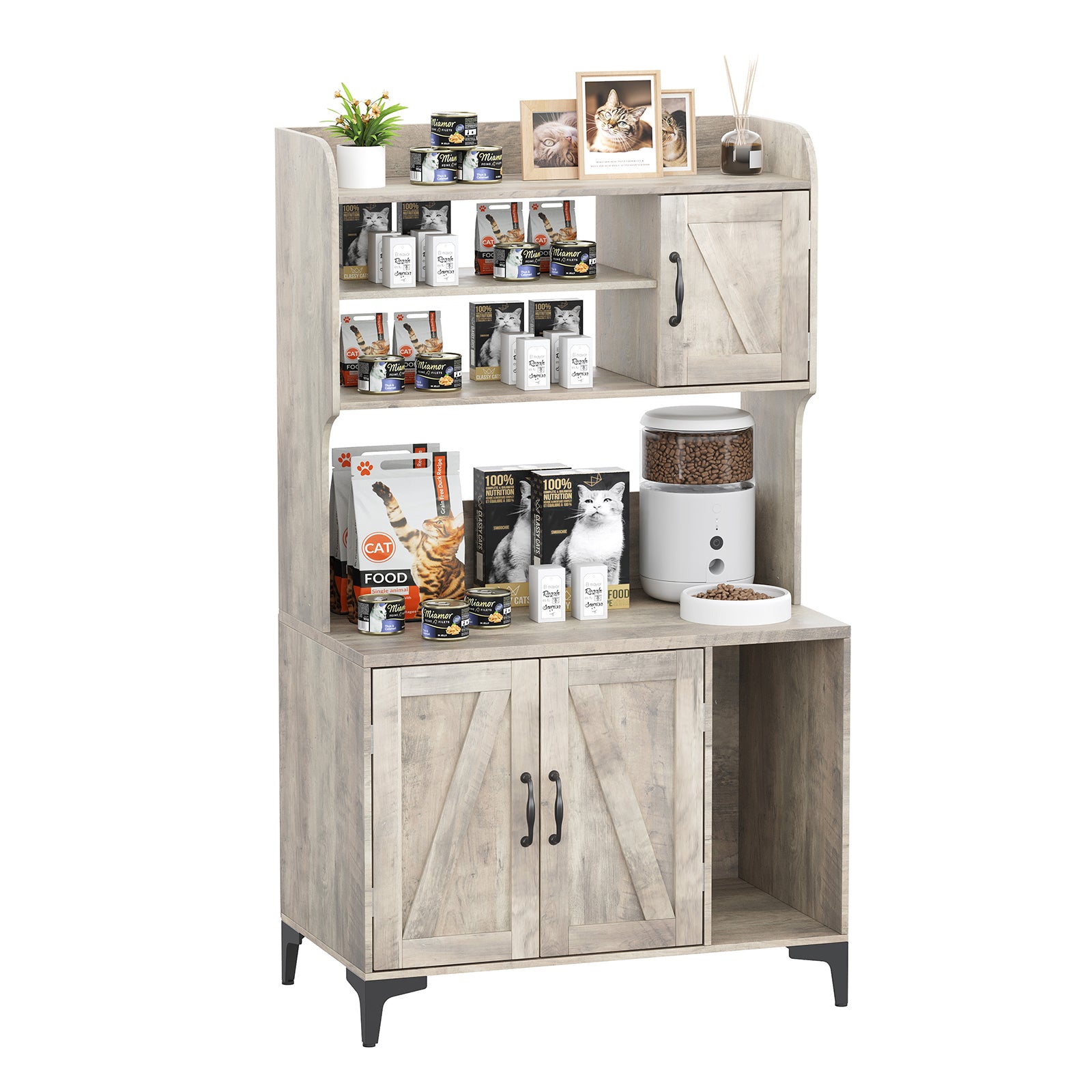 Garvee Cat Litter Box Enclosure with Shelves and Doors, Wood Sturdy Hidden Litter Box Furniture, Indoor Cat House Furniture for Most of Litter Box, Litter Box Cabinet, Grey