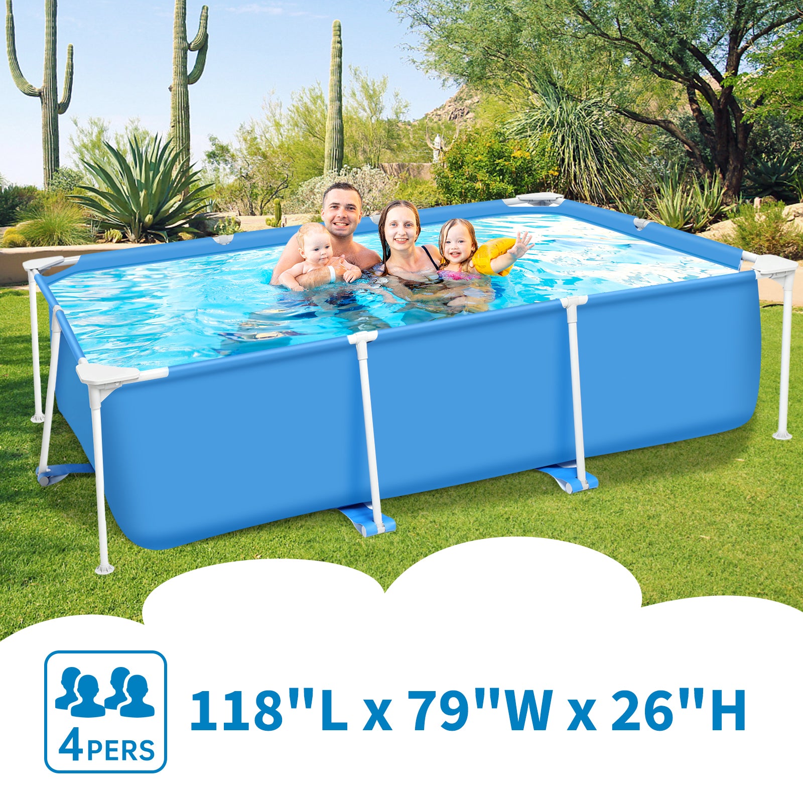 Garvee 118"L x 79"W x 26"H Above Ground Outdoor Swimming Pool Rectangular Frame for Backyard, Durable Steel Construction