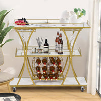 3 Tier Gold Bar Cart with Wheels, Glass Holder & Wine Rack