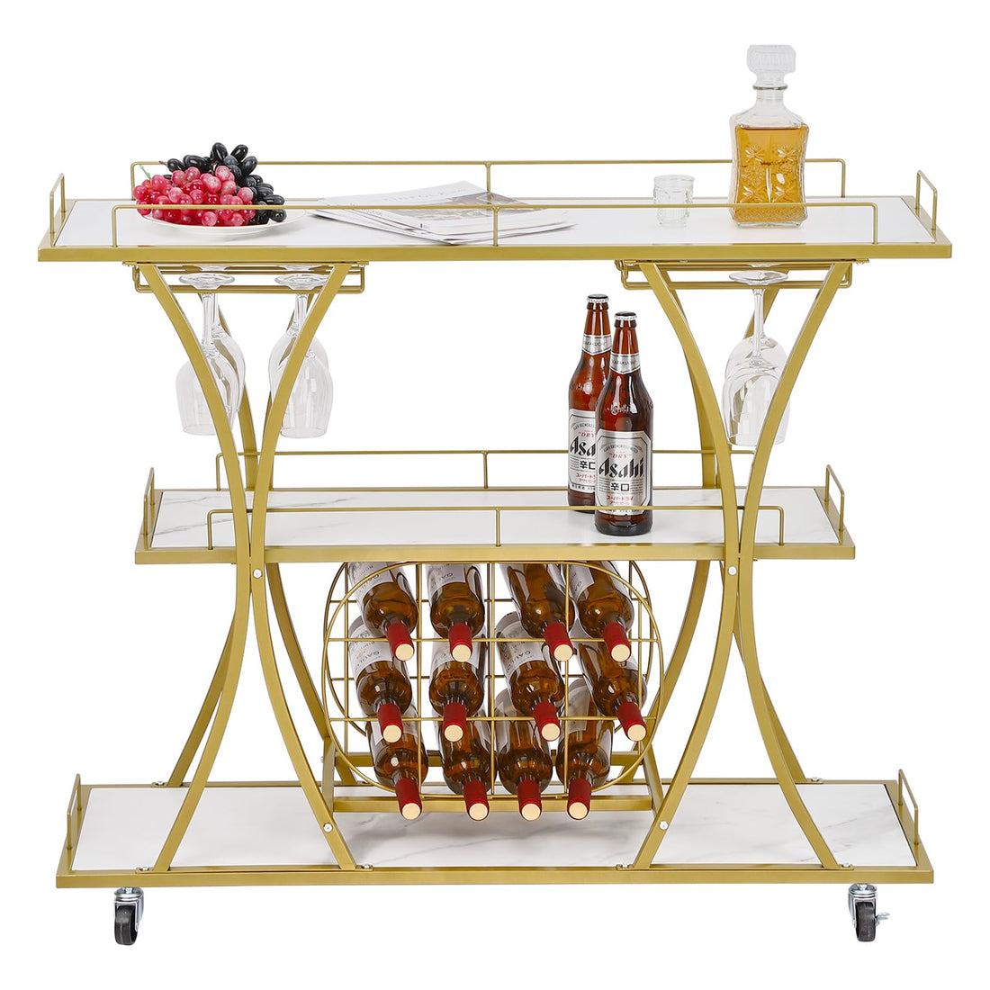 Gold Bar Cart with Wheels 3 Tier Bar Serving Cart with Glass Holder and Wine Rack