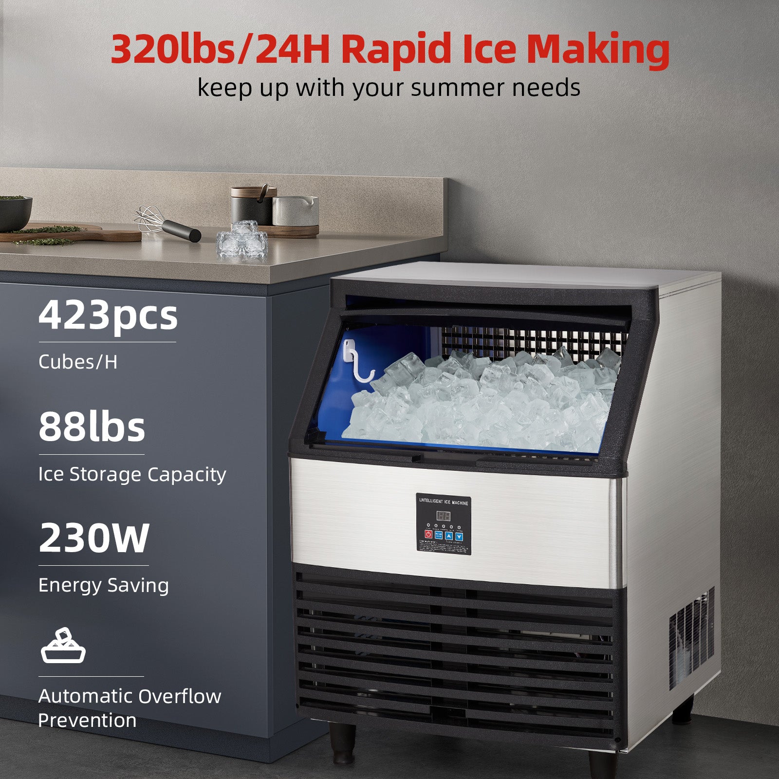 320LBS/24H Ice Maker with 88LBS Storage, Commercial Grade, LCD