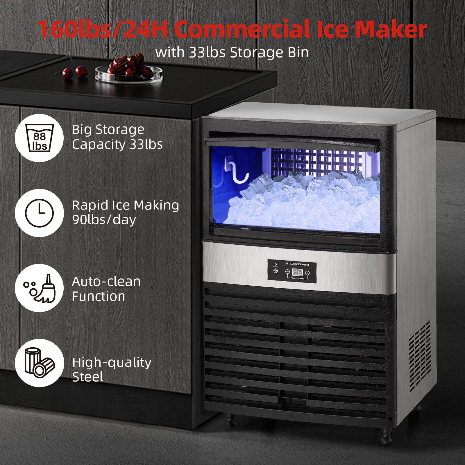 GARVEE 160lbs/24H Commercial Ice Maker Machine Stainless Steel Under Counter ice Machine with 44lbs Storage Freestanding Ice Maker for Home Business