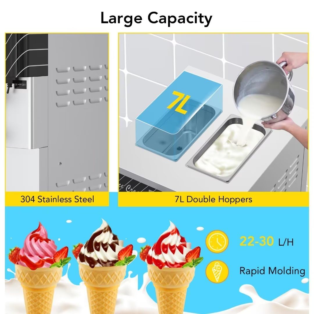 Commercial 3-Flavor Soft Serve Machine, Dual 12L Hoppers