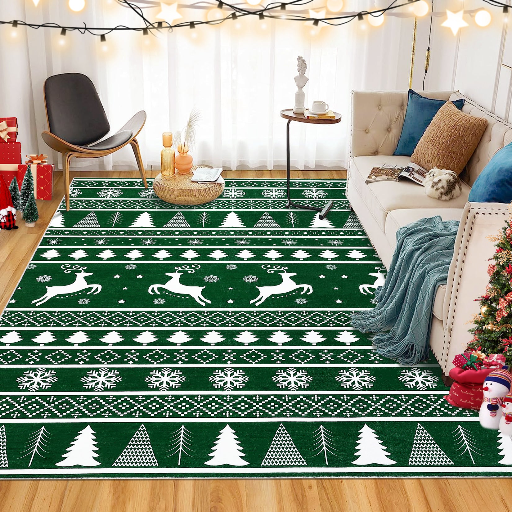 Garvee Christmas Area Rug 4x6 Rug Washable Rug Xmas Tree Deer Holiday Decor Modern Small Rug Artistic Entryway Rug Non Slip Carpet Soft Low Pile Accent Rugs for Nursery Living Room 4'x6' Green