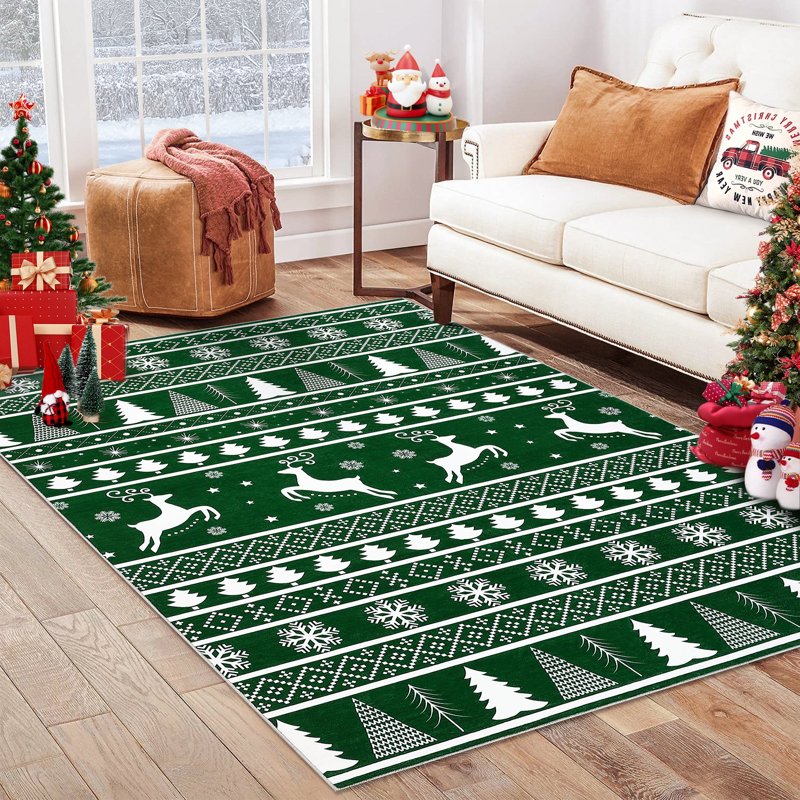 Garvee Christmas Area Rug 4x6 Rug Washable Rug Xmas Tree Deer Holiday Decor Modern Small Rug Artistic Entryway Rug Non Slip Carpet Soft Low Pile Accent Rugs for Nursery Living Room 4'x6' Green