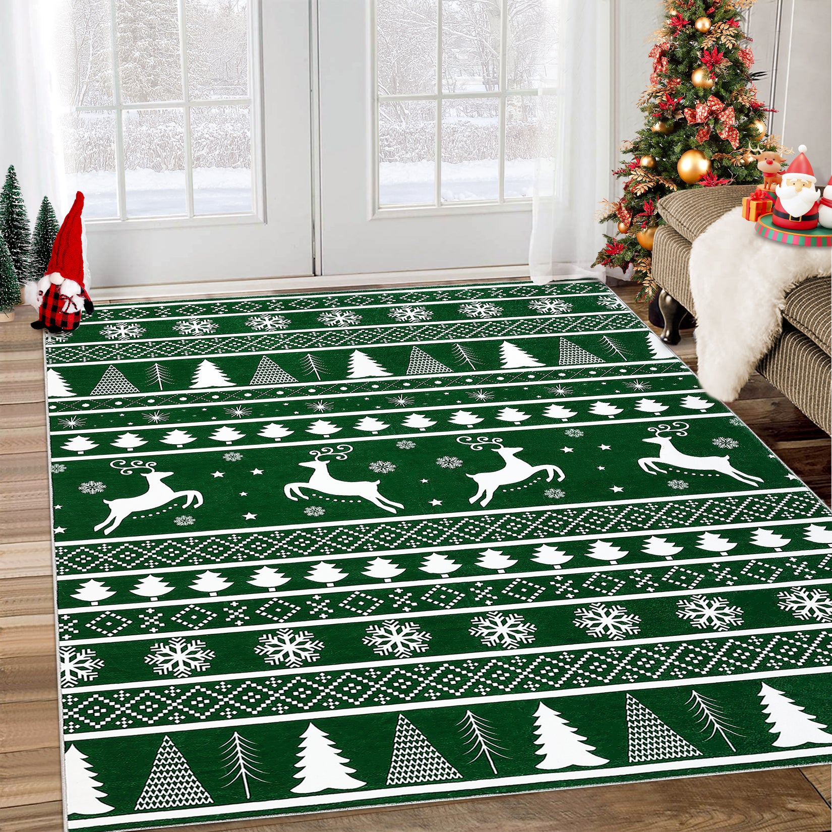 Garvee Christmas Area Rug 6x9 Rug for Living Room Machine Washable Rug Modern Deer Snowflake Green Rug for Bedroom Non Slip Carpet Stain Resistant Large Rug for Dining Room Classroom 6'x9' Green