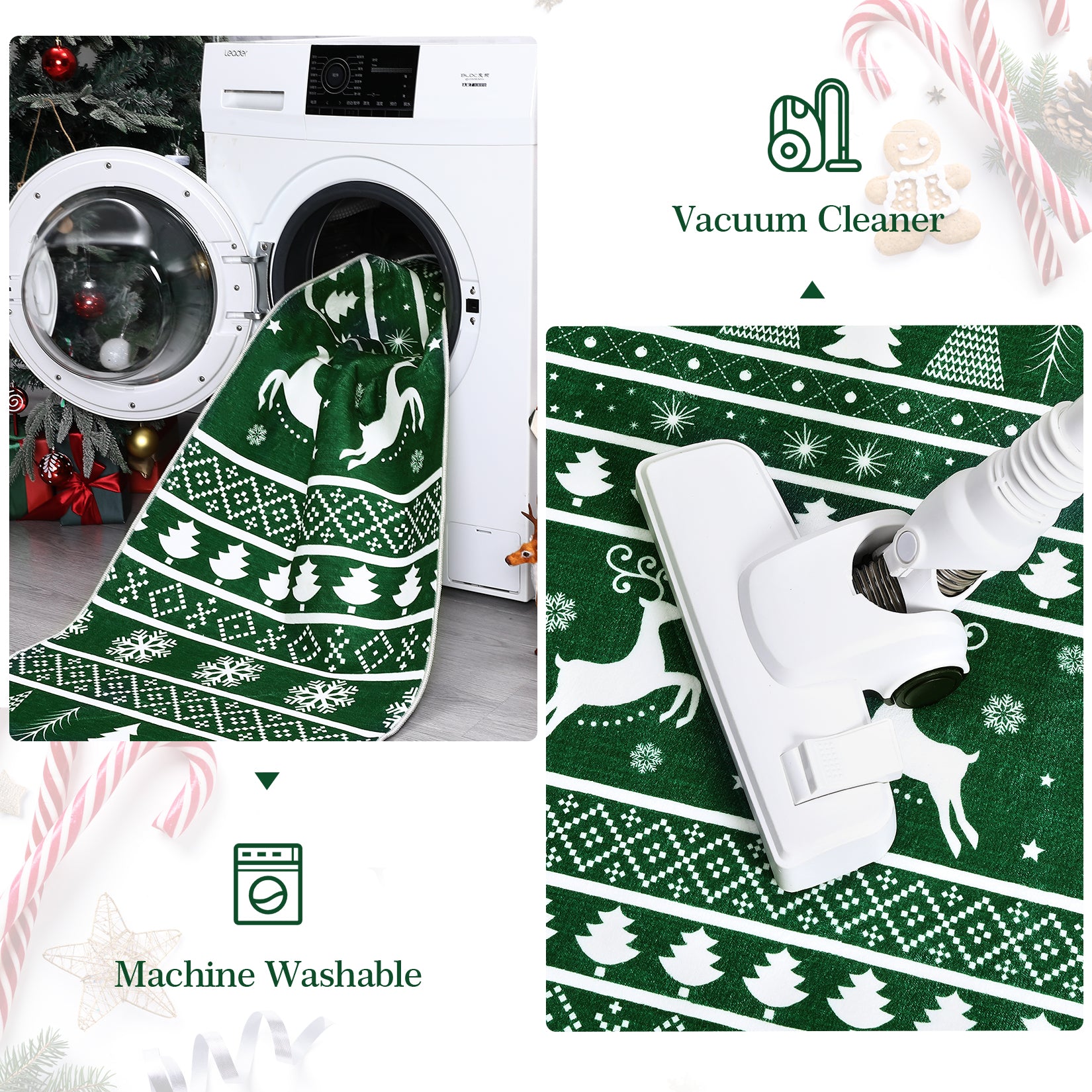 Garvee Washable Area Rug 5x7 Rug for Living Room Christmas Rug Non Slip Xmas Deer Tree Green Rug for Bedroom Aesthetic Soft Low Pile Carpet Stain Resistant Carpet for Dining Room 5'x7' Green