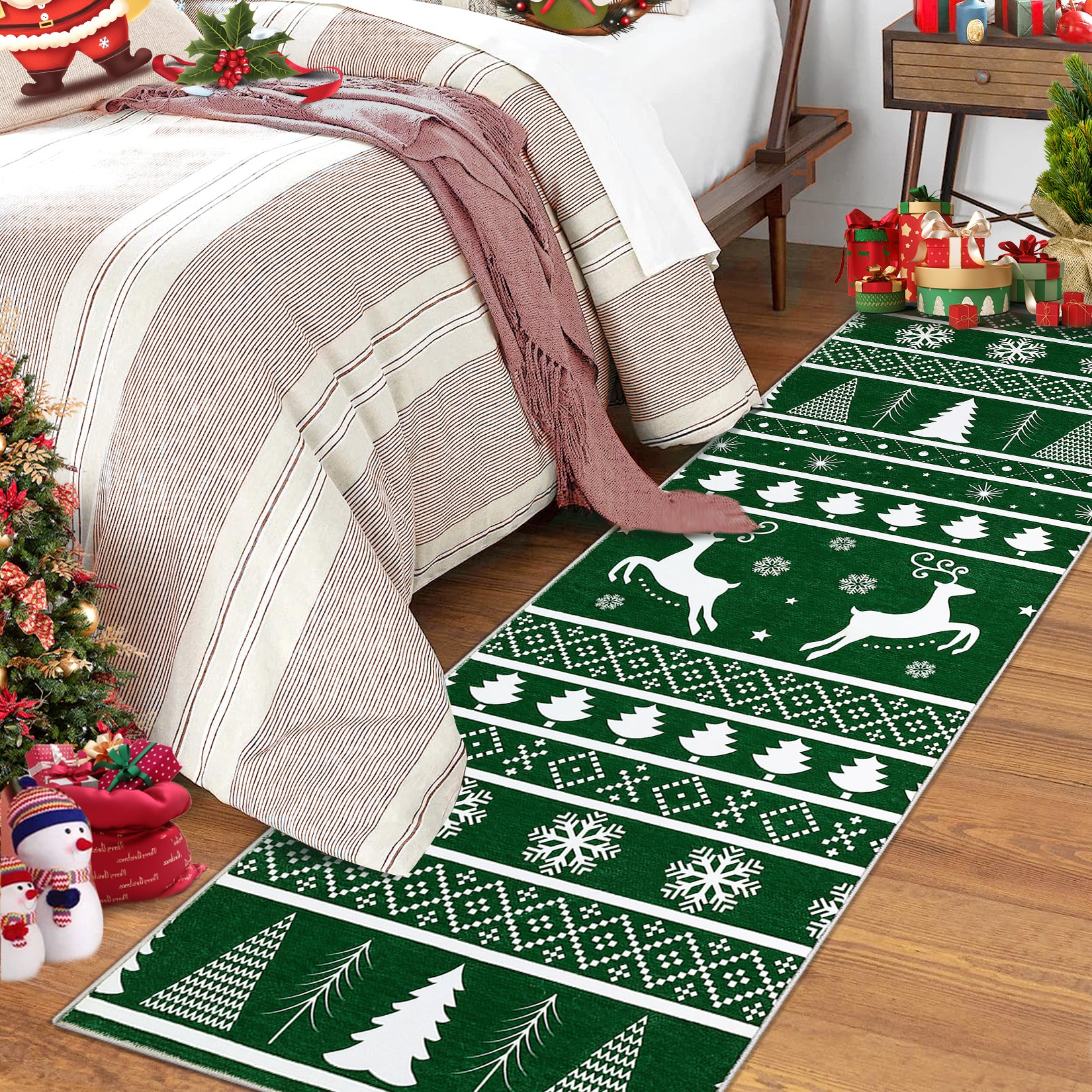 Garvee Christmas Runner Rug 2x8 Green Hallway Rug Xmas Runner Kitchen Rug Washable Rug Non Slip Carpet Holiday Decor Deer & Tree Soft Rug for Bedroom Bathroom Laundry Living Room