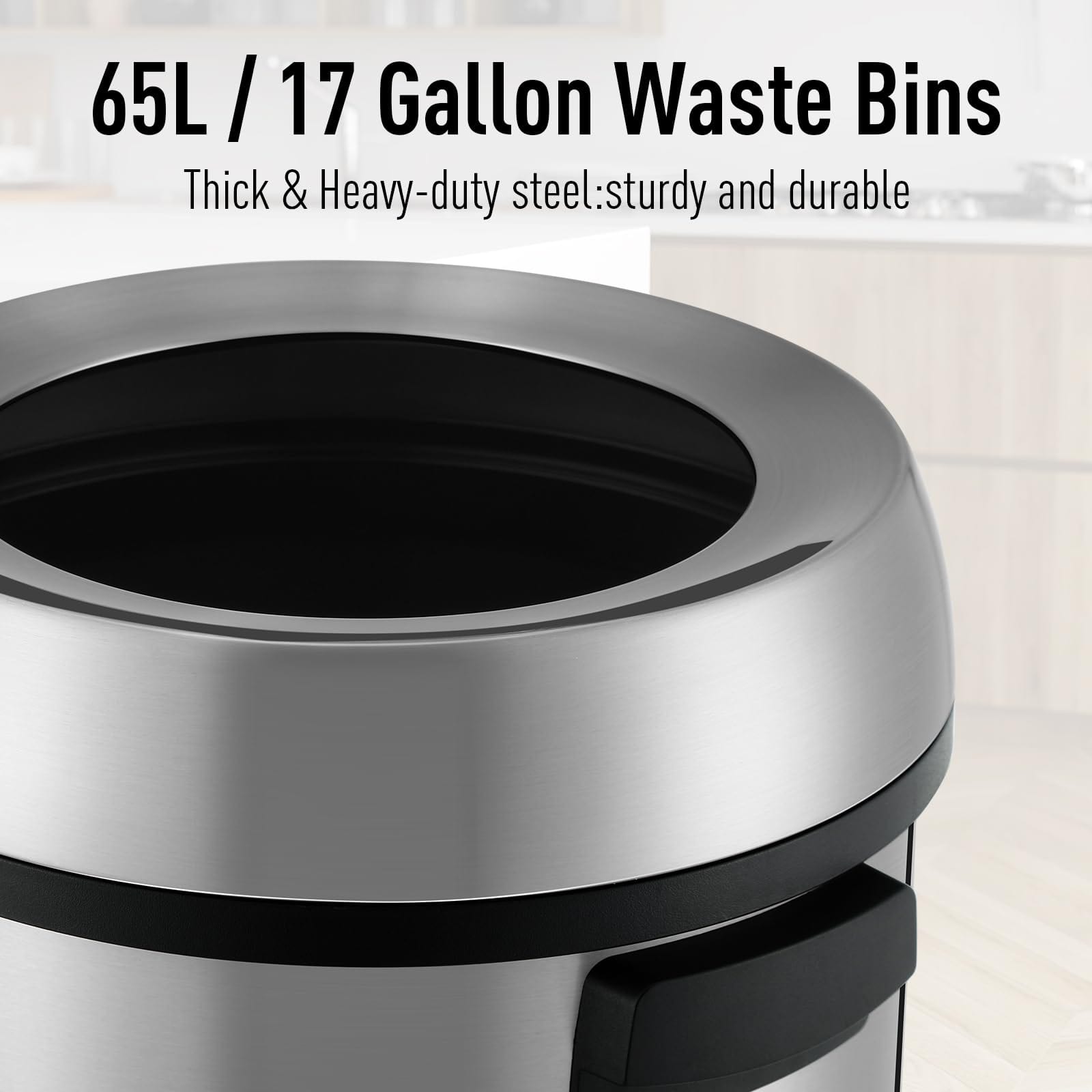 65L/17Gal Heavy Duty Open Top Trash Can, Commercial Grade Steel