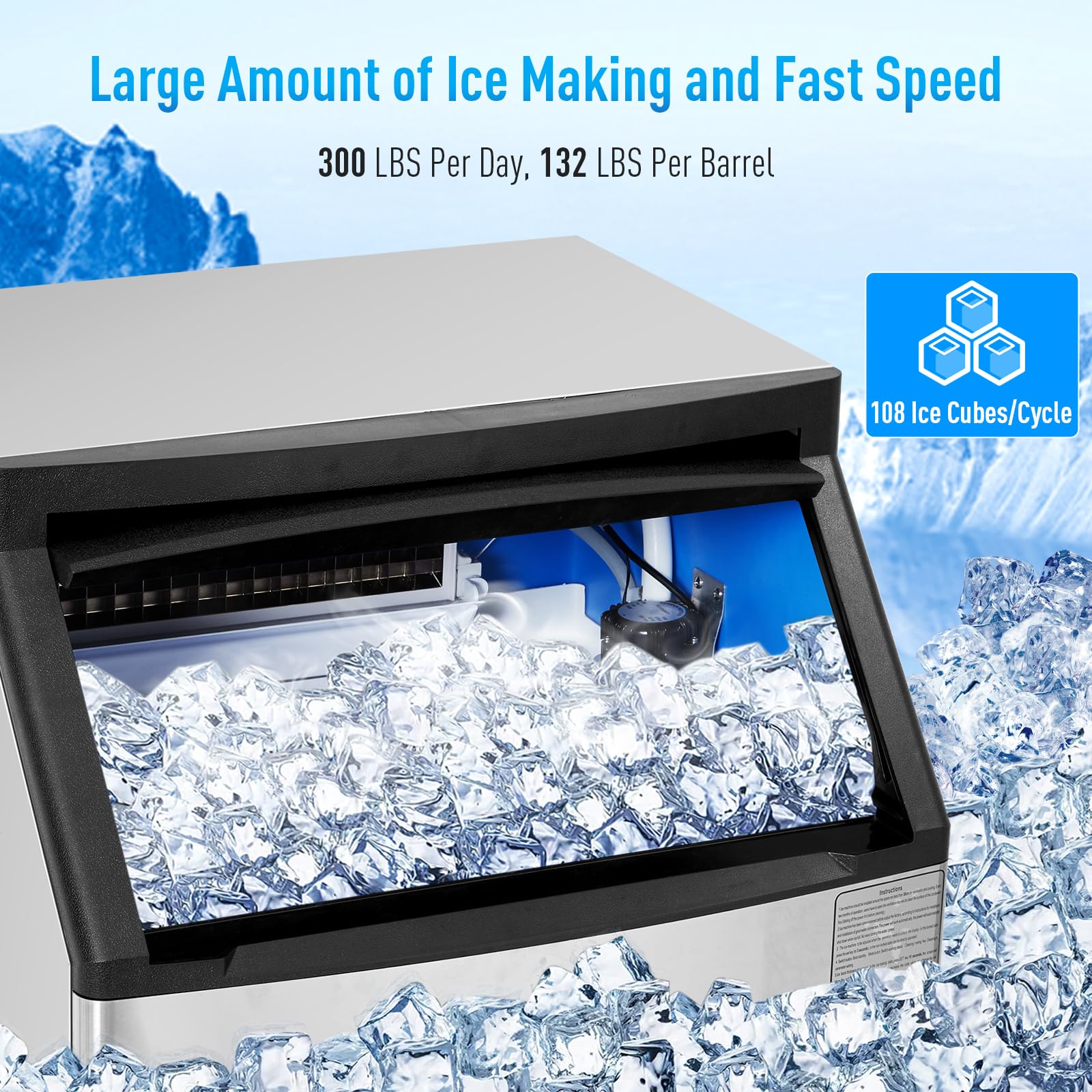 260LBS/24H Stainless Commercial Ice Maker, Under Counter, Self-Clean, LCD