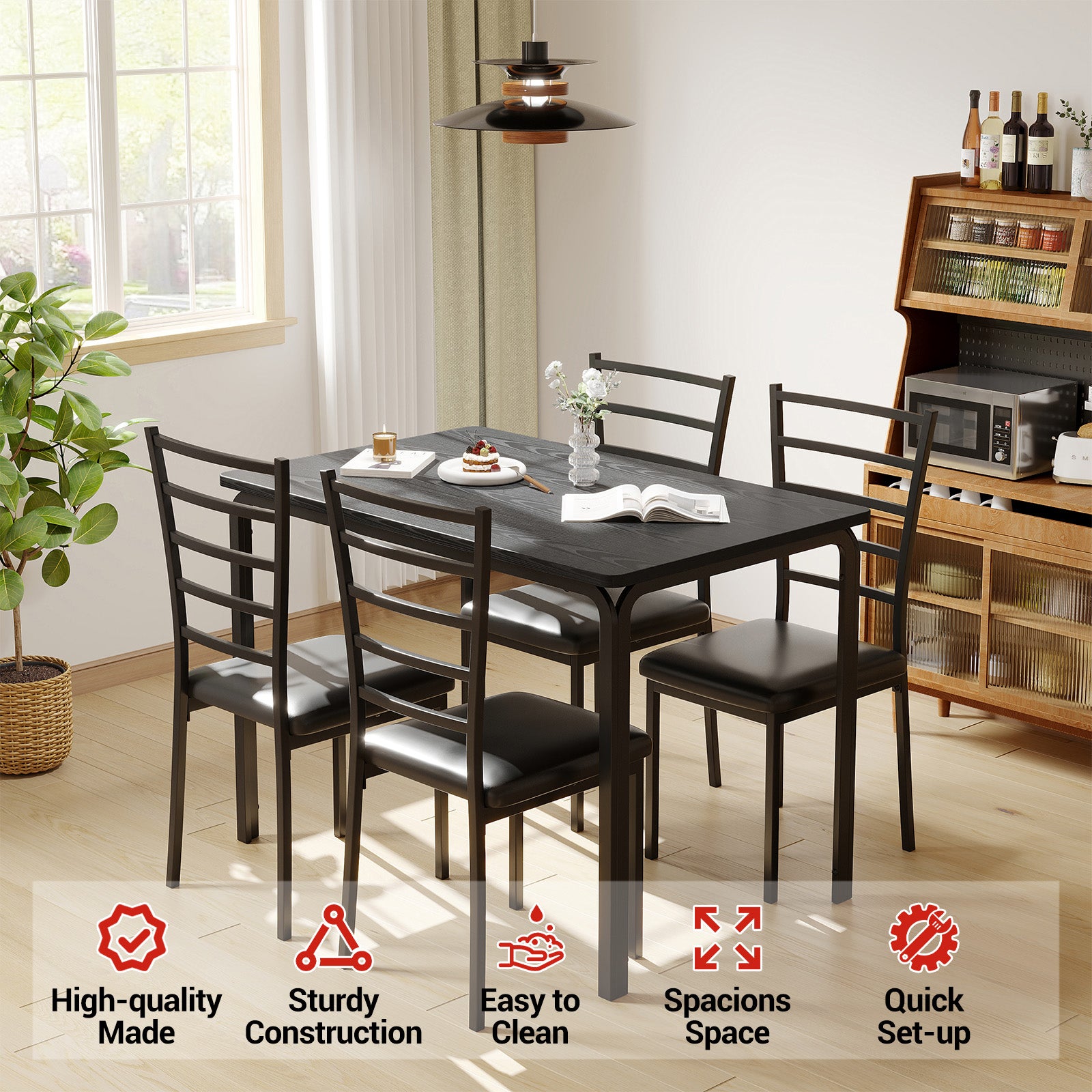 Garvee Dining Table Set for 4, 5 Piece Kitchen Dining Room Table and Chairs Set, Space-Saving Wood Modern Rectangle Dinner Table for Breakfast Nook, Home Office, Black