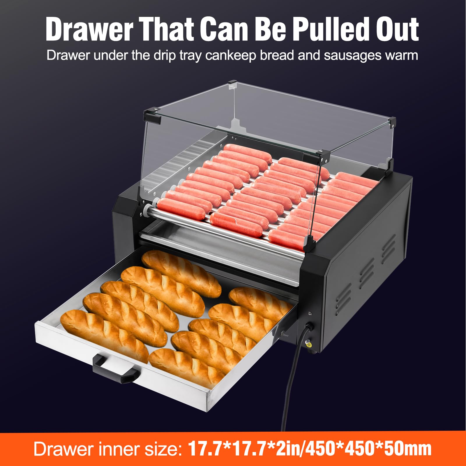 1850W 11-Roller Hot Dog Grill, 30 Capacity, Stainless Steel