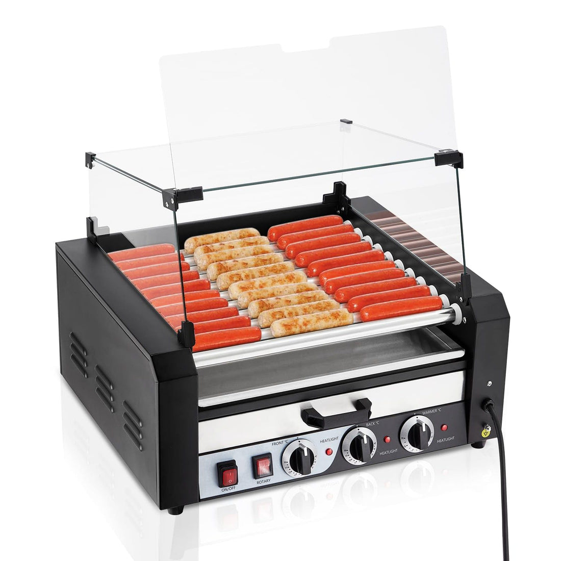 GARVEE Hot Dog Roller 11 Rollers 30 Hot Dogs Capacity 1850W Stainless Sausage Grill Cooker Machine