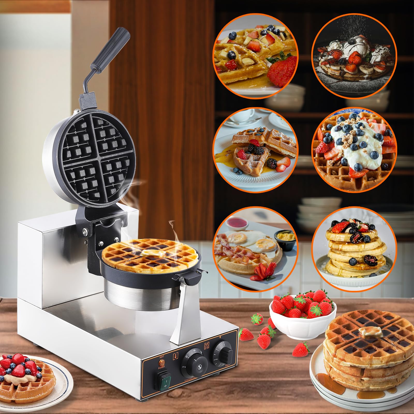 360° Rotating Waffle Maker, 50-250℃, Non-Stick, 110V 1200W
